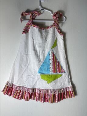 Girls vintage La Jenns White Linen Sleeveless Tie Strap Dress Saiboat App Sz 4T
